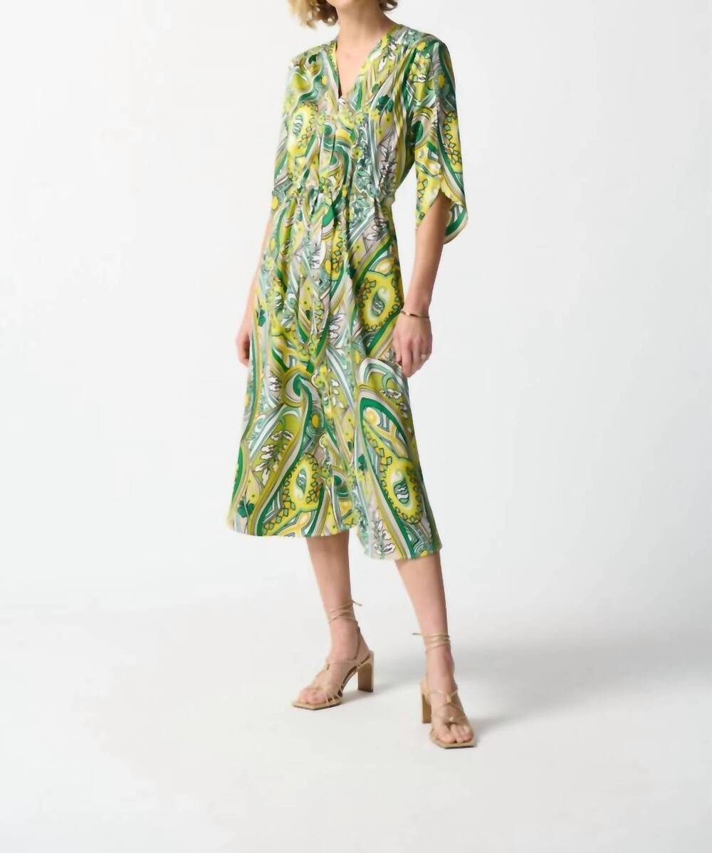 NEW JOSEPH RIBKOFF paisley print waist tie satin midi shirt dress in vanilla mul